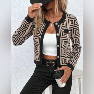 SHEIN black and tan geometric pattern long sleeve cardigan size L Large